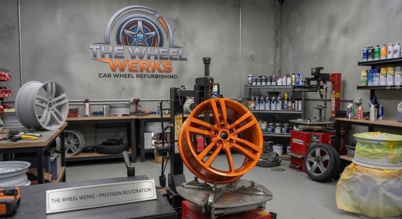 Orange painted alloy on a tyre changer in The Wheel Werks workshop, with primed white wheels on the benches